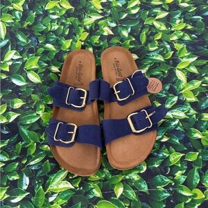 NWT Italian Shoemakers Rich Navy Blue & Gold Sandals with Suede Straps